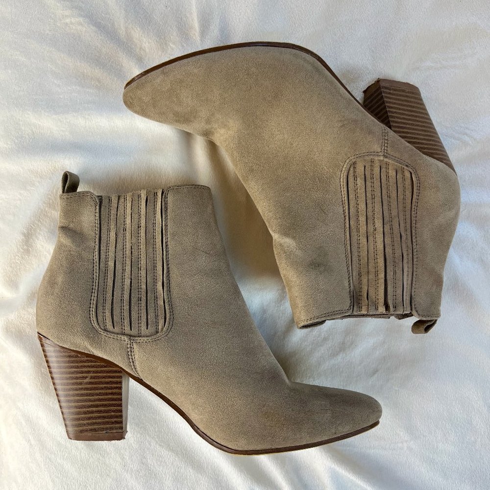 Suede Ankle Bootie - Wooden Heel + Leather Stitching Details